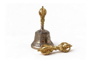 Тибетский колокольчик Premium с рельфным орнаментом и ваджра М (8.5 см)